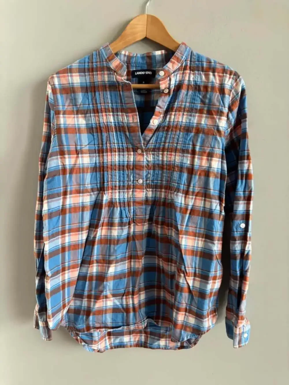 Lands' End Pintuck Plaid Flannel Popover Tunic Shirt Blue Orange Size 8